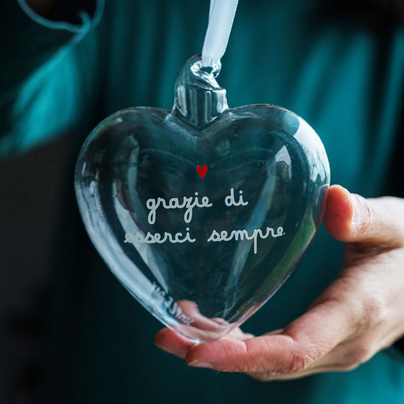 Cuore in vetro borosilicato da appendere con scritta 