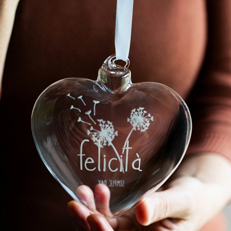 Cuore in vetro borosilicato da appendere con scritta “Felicità