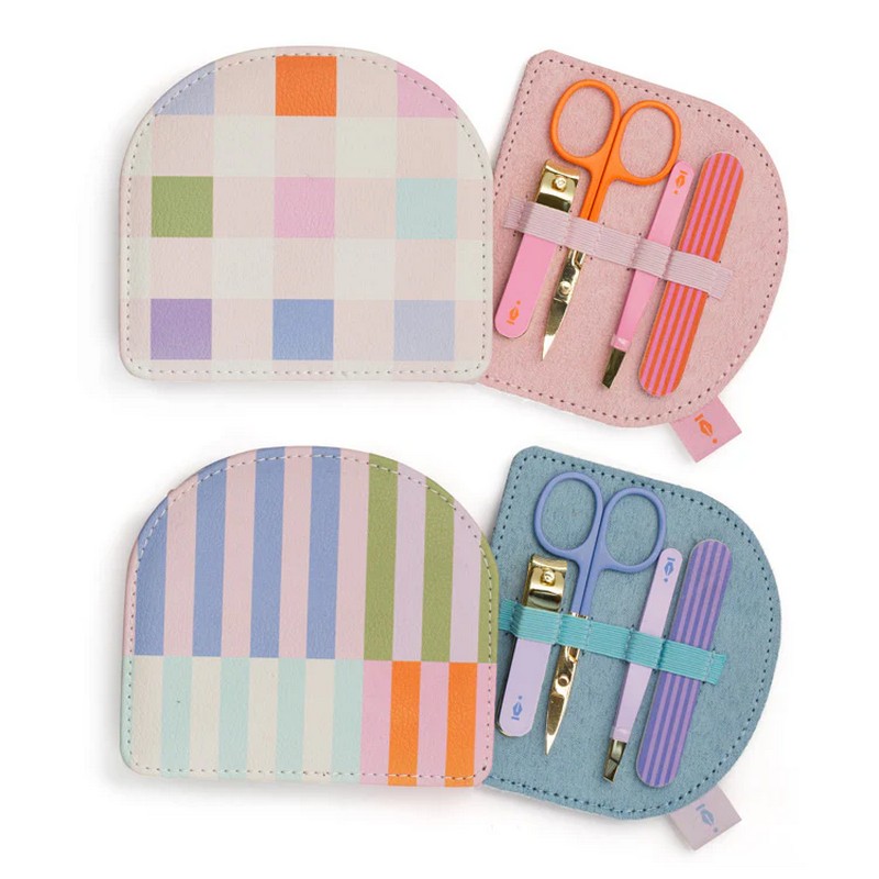 Set manicure da viaggio in astuccio colorato, contenente forbici, pinzette, tagliaunghie e lima per unghie, in 2 varianti