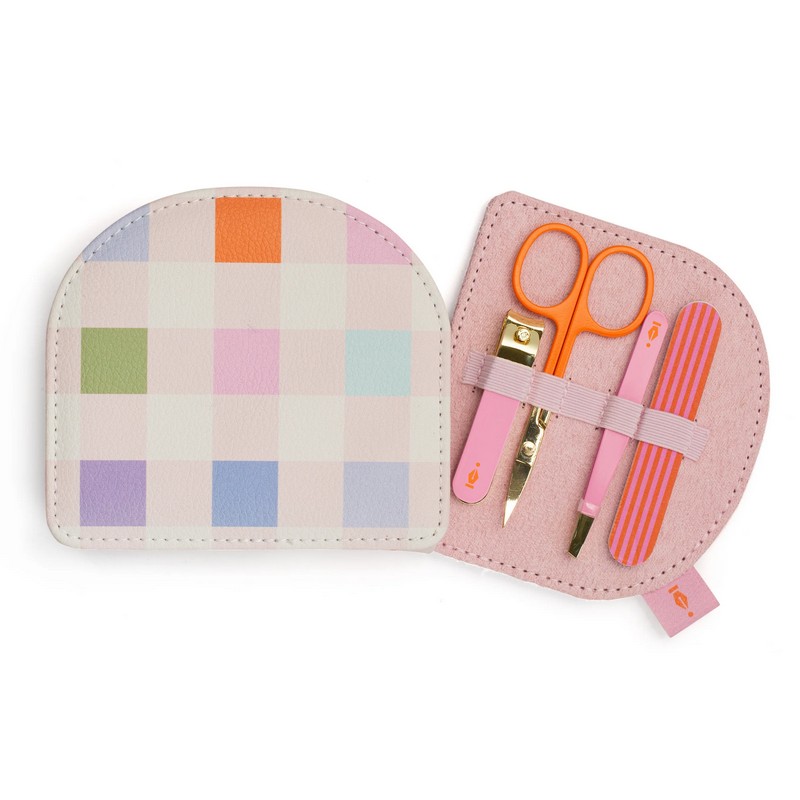 Set manicure da viaggio in astuccio colorato, contenente forbici, pinzette, tagliaunghie e lima per unghie, in 2 varianti