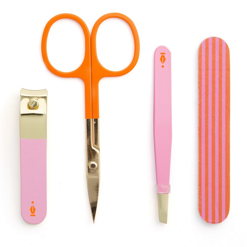 Set manicure da viaggio in astuccio colorato, contenente forbici, pinzette, tagliaunghie e lima per unghie, in 2 varianti