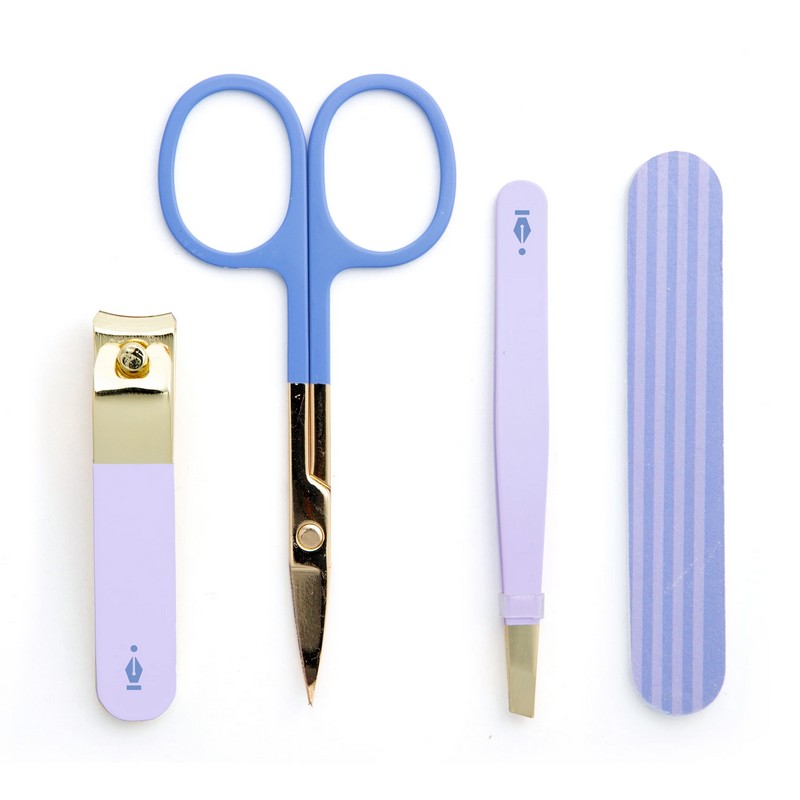 Set manicure da viaggio in astuccio colorato, contenente forbici, pinzette, tagliaunghie e lima per unghie, in 2 varianti