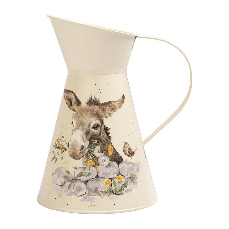 Vaso caraffa in acciaio decorato con asino e uccellino