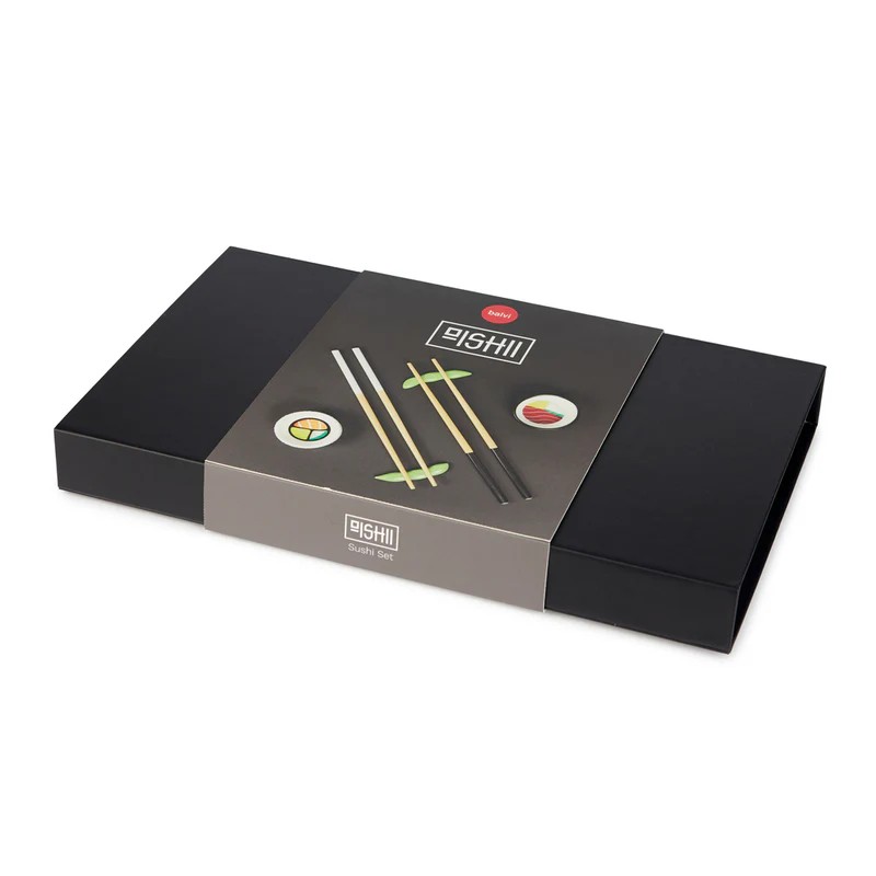 Set sushi contenente due paia di bacchette in bambù, due poggiabacchette a forma di edamame e due ciotoline per condimenti in ceramica, il tutto contenuto in un cofanetto