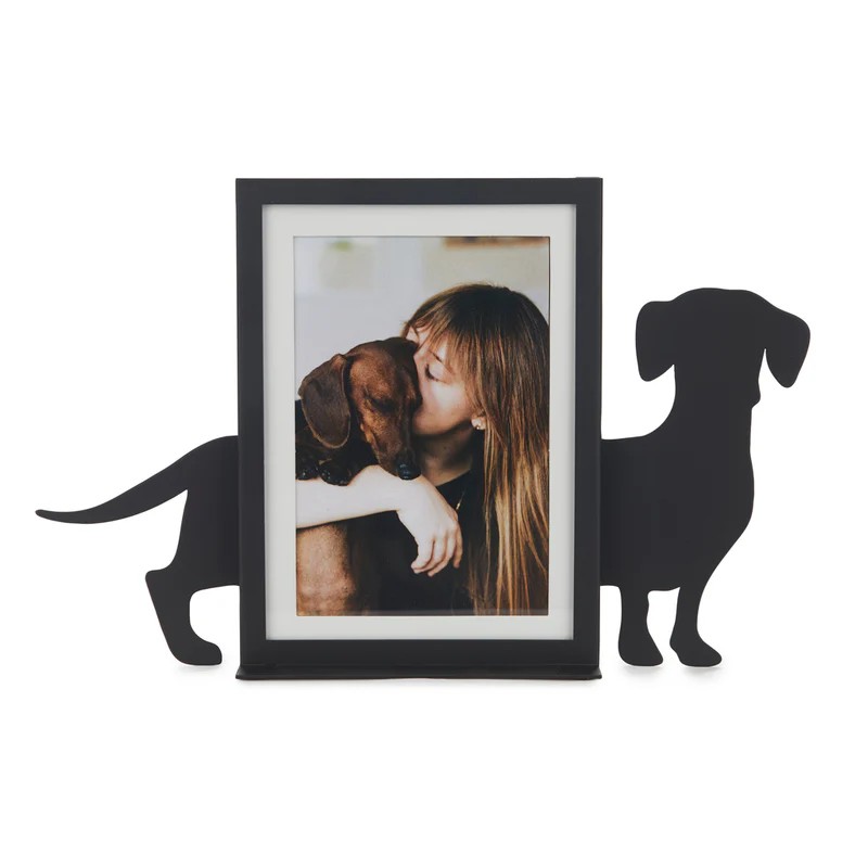 Portafoto a forma di cane bassotto nero in metallo per foto 10x15
