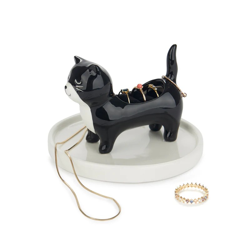 Porta anelli a forma di gatto bianco e nero in ceramica con base portagioie