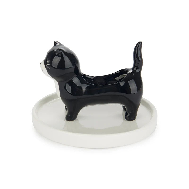 Porta anelli a forma di gatto bianco e nero in ceramica con base portagioie