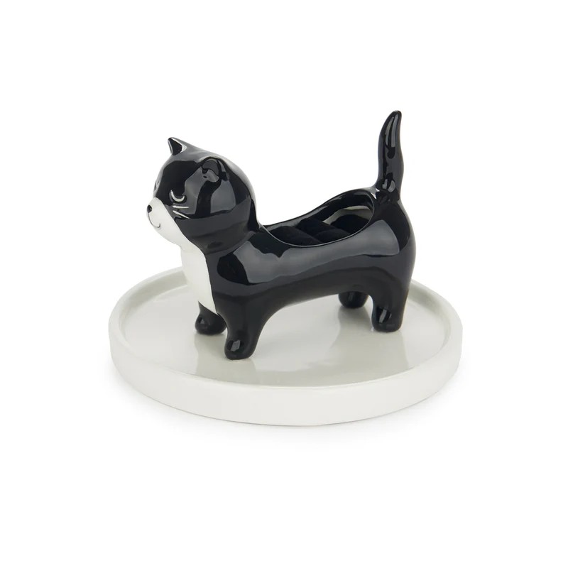 Porta anelli a forma di gatto bianco e nero in ceramica con base portagioie