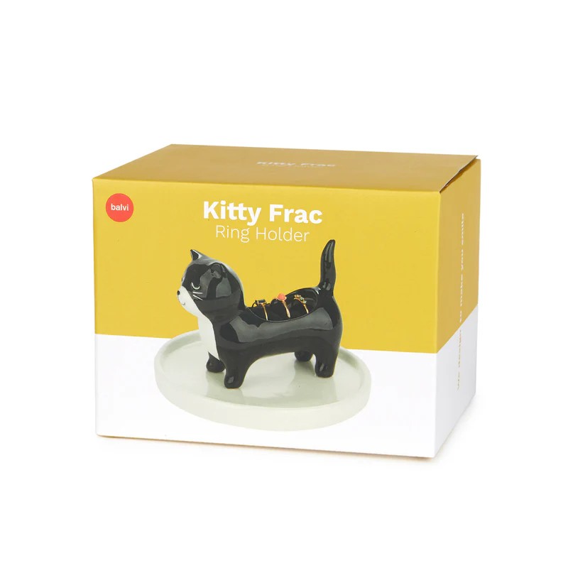 Porta anelli a forma di gatto bianco e nero in ceramica con base portagioie