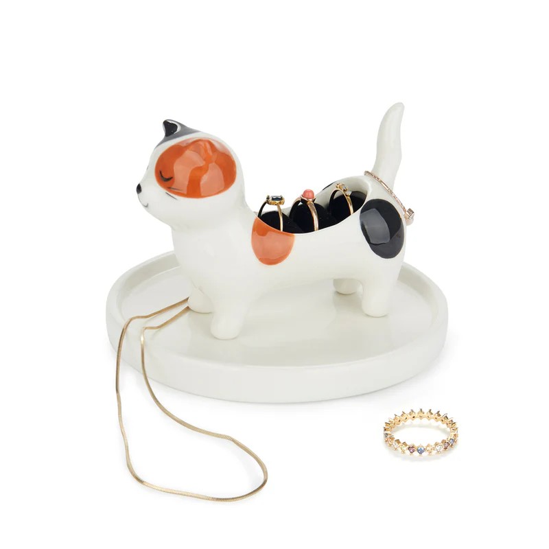 Porta anelli a forma di gatto tricolore in ceramica con base portagioie