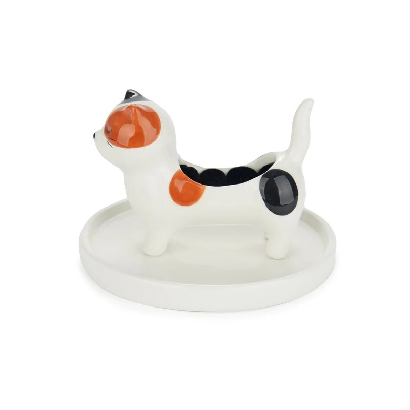 Porta anelli a forma di gatto tricolore in ceramica con base portagioie