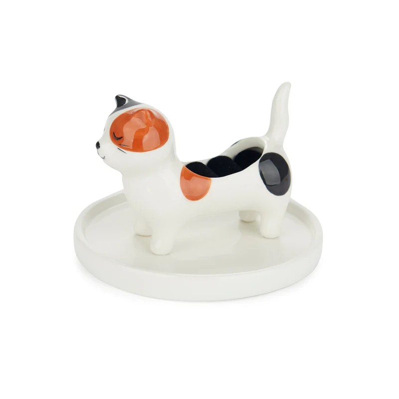 Porta anelli a forma di gatto tricolore in ceramica con base portagioie
