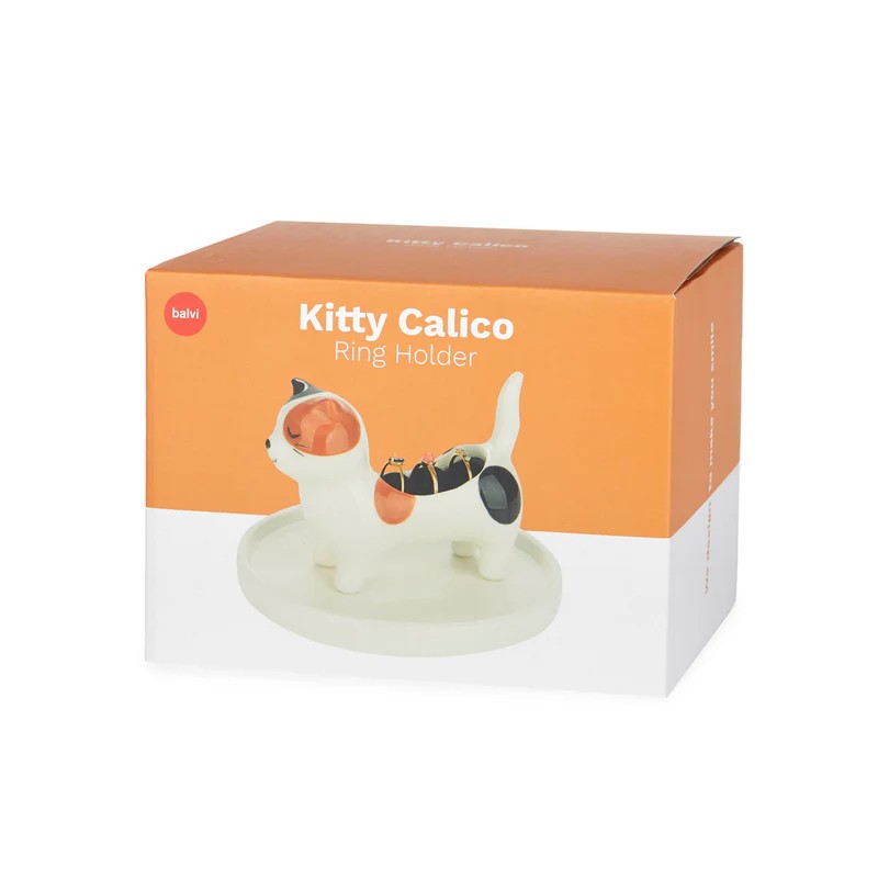 Porta anelli a forma di gatto tricolore in ceramica con base portagioie
