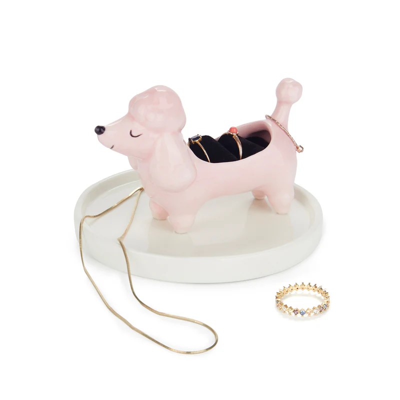 Porta anelli a forma di cane poodle in ceramica con base portagioie