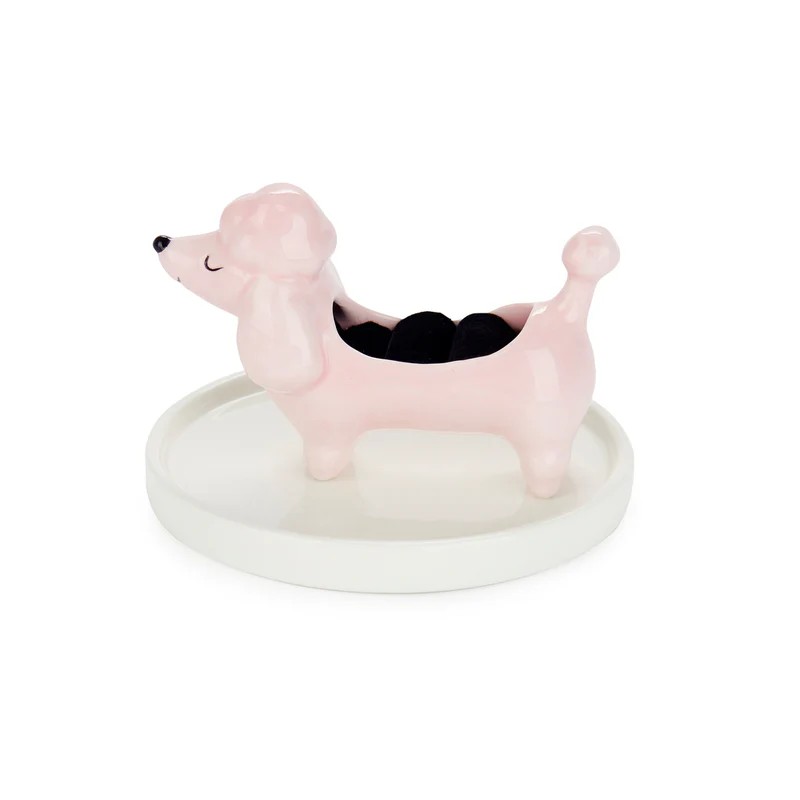 Porta anelli a forma di cane poodle in ceramica con base portagioie