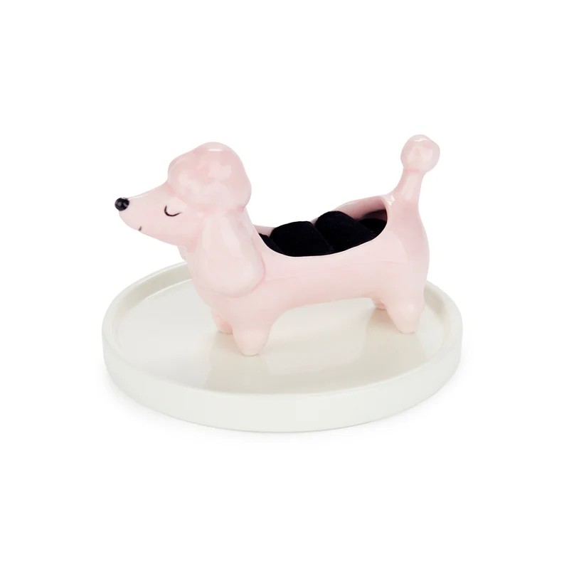 Porta anelli a forma di cane poodle in ceramica con base portagioie