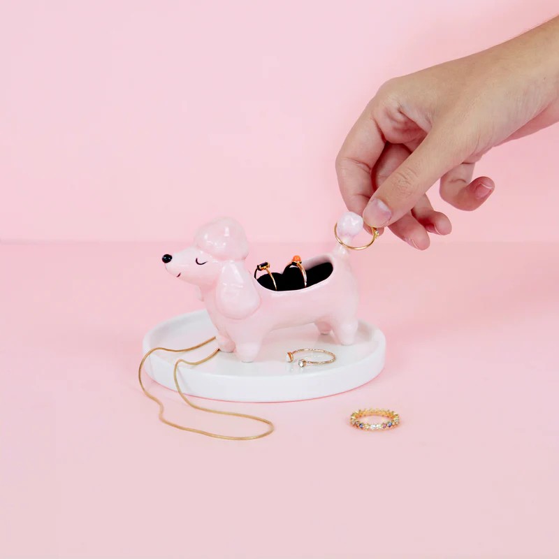Porta anelli a forma di cane poodle in ceramica con base portagioie