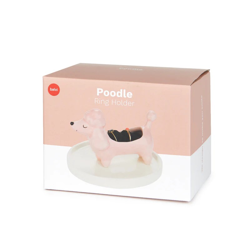 Porta anelli a forma di cane poodle in ceramica con base portagioie