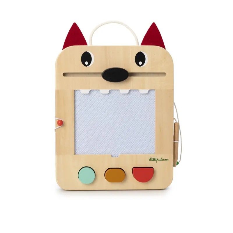Stimolante lavagna magica a colori a forma di muso di lupo in legno con carte da gioco e forme