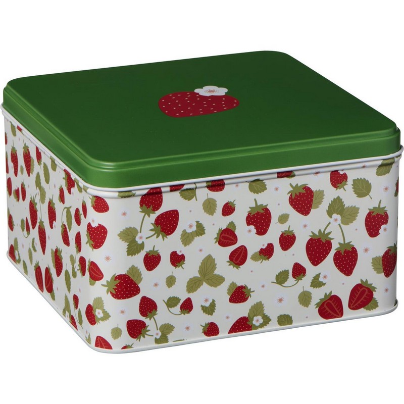 Scatola di latta decorata con fragole con coperchio verde