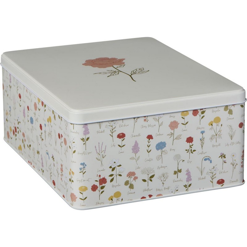 Scatola di latta bianca rettangolare decorata con fiori