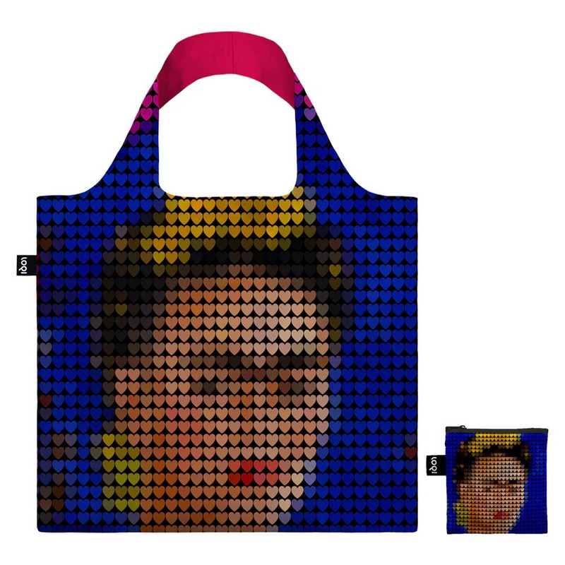 Borsa per la spesa pieghevole decorata con pixel a forma di cuore rappresentanti Frida Kahlo