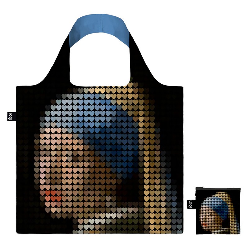 Borsa per la spesa pieghevole decorata con pixel a forma di cuore rappresentanti “Ragazza con turbante”, con una capienza considerevole per una borsa così compatta