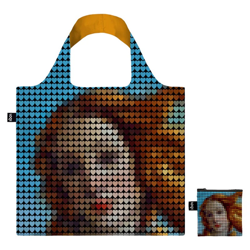 Borsa per la spesa pieghevole decorata con pixel a forma di cuore rappresentanti la Venere di Botticelli
