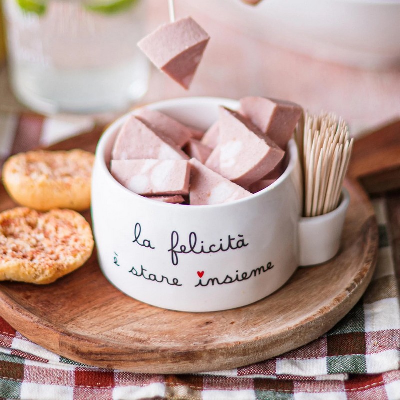 Ciotola per aperitivo in ceramica bianca con scomparto per stuzzicadenti decorata con scritta “La felicità è stare insieme”