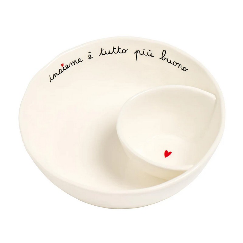Ciotola per aperitivo in ceramica bianca con scomparto per salse o stuzzichini decorata con scritta “Insieme è tutto più buono”