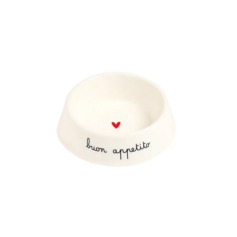 Ciotola per gatto in ceramica bianca decorata con scritta “Buon appetito”, adatta anche a cani di piccola taglia