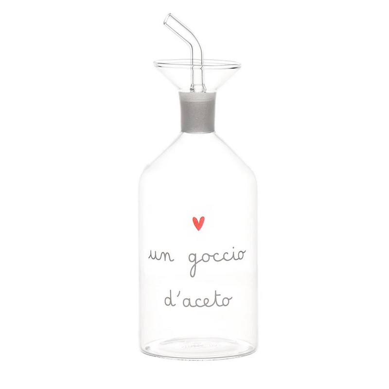 Bottiglia per aceto in vetro borosilicato decorata con scritta “Un goccio di aceto” con beccuccio antigoccia, capacità 350 ml