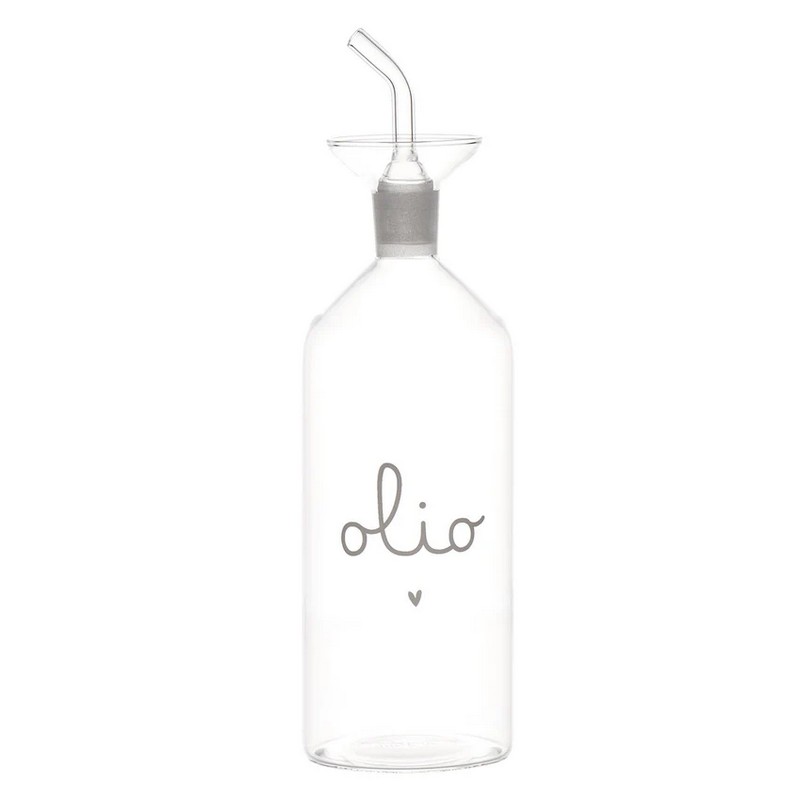 Oliera in vetro borosilicato decorata con scritta “Olio” e cuore con beccuccio antigoccia, capacità 500 ml
