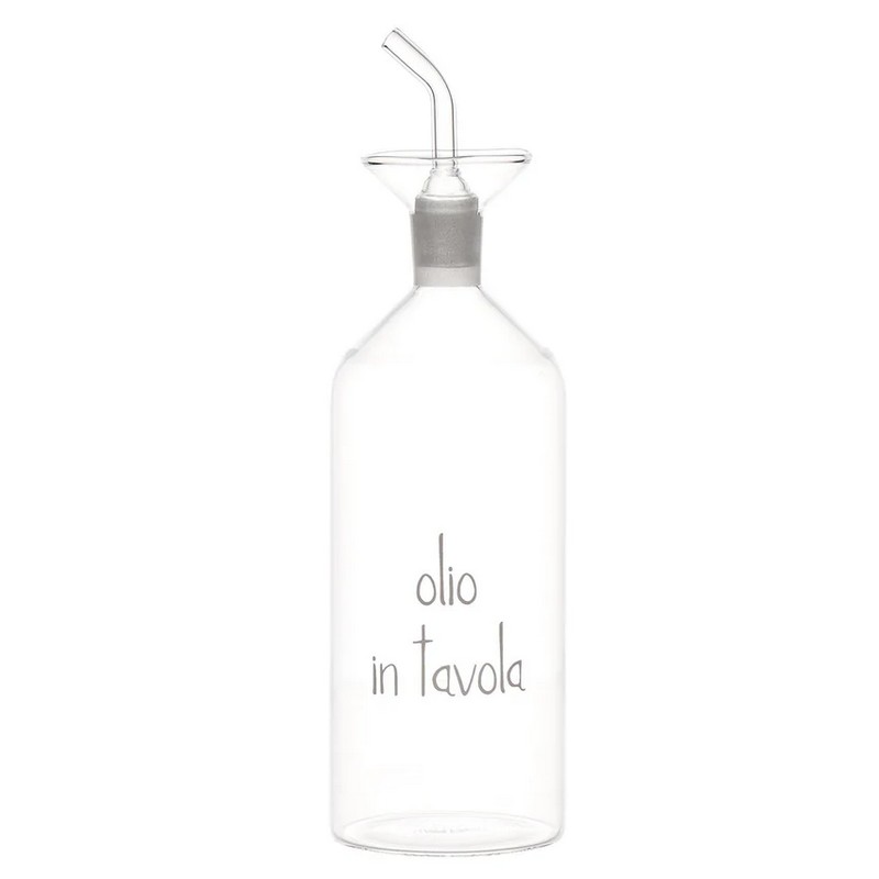 Oliera in vetro borosilicato decorata con scritta “Olio in tavola” con beccuccio antigoccia, capacità 500 ml