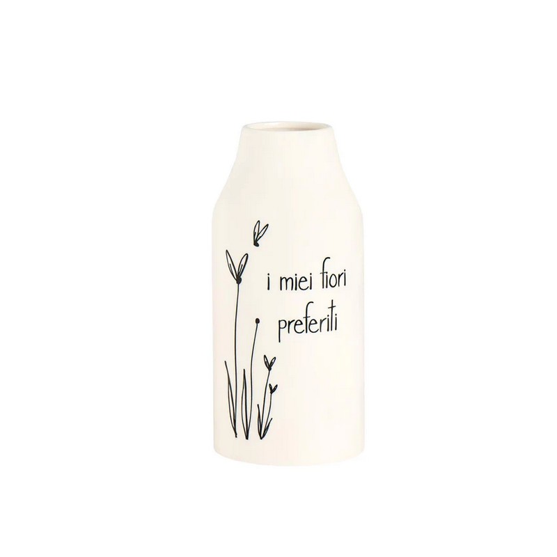Vaso fiori in ceramica bianca con scritta “I miei fiori preferiti” con decoro di piante