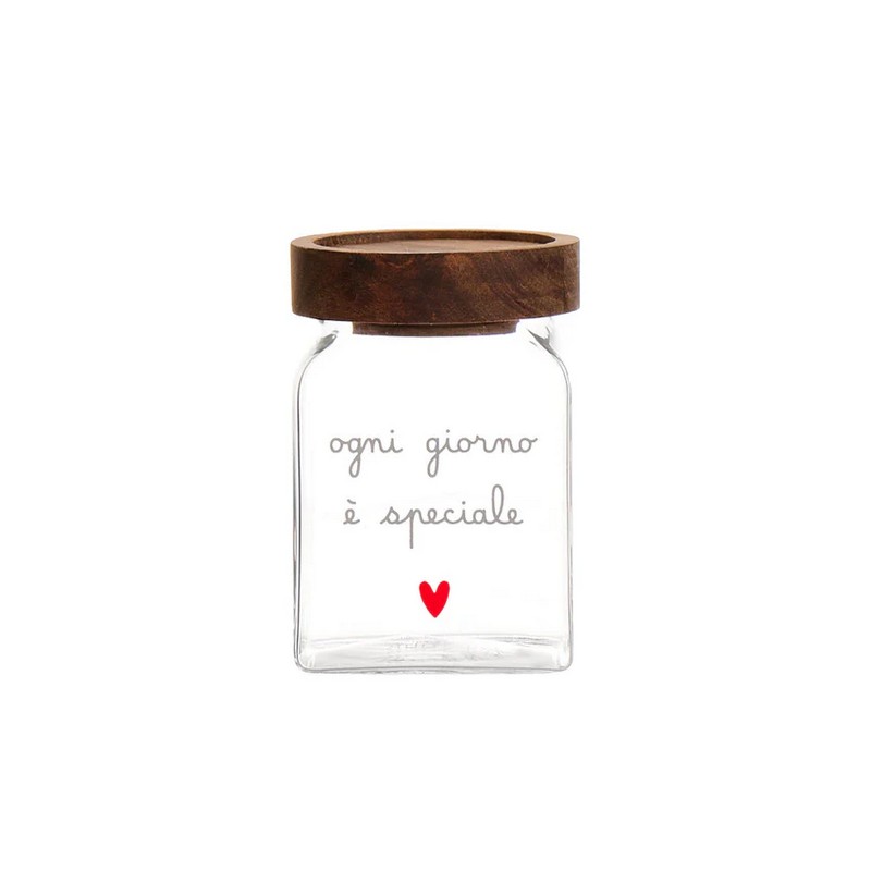 Barattolo da cucina in vetro borosilicato con tappo ermetico in legno decorato con scritta “Ogni giorno è speciale”