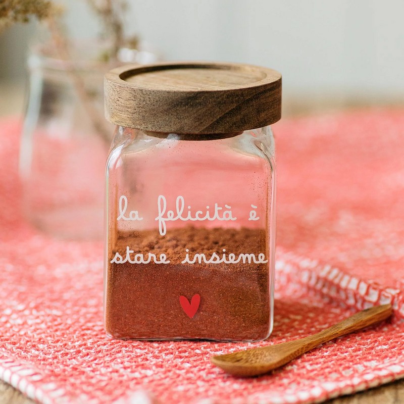 Barattolo da cucina in vetro borosilicato con tappo ermetico in legno decorato con scritta “La felicità è stare insieme”