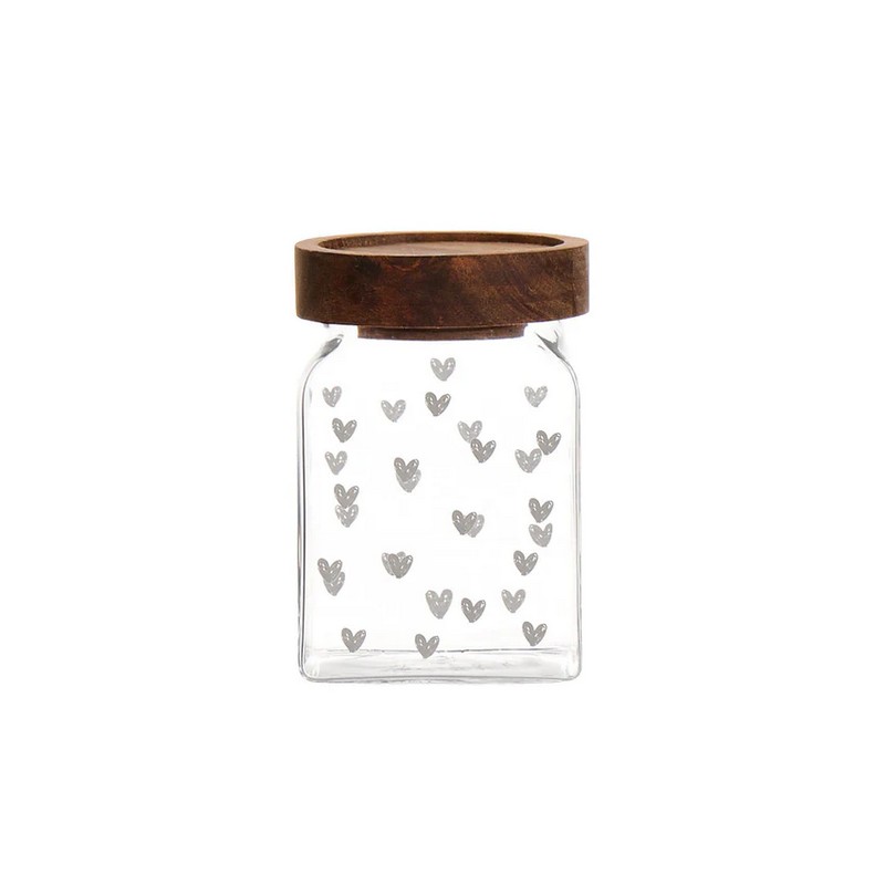 Barattolo da cucina in vetro borosilicato con tappo ermetico in legno decorato con tappezzeria di cuori