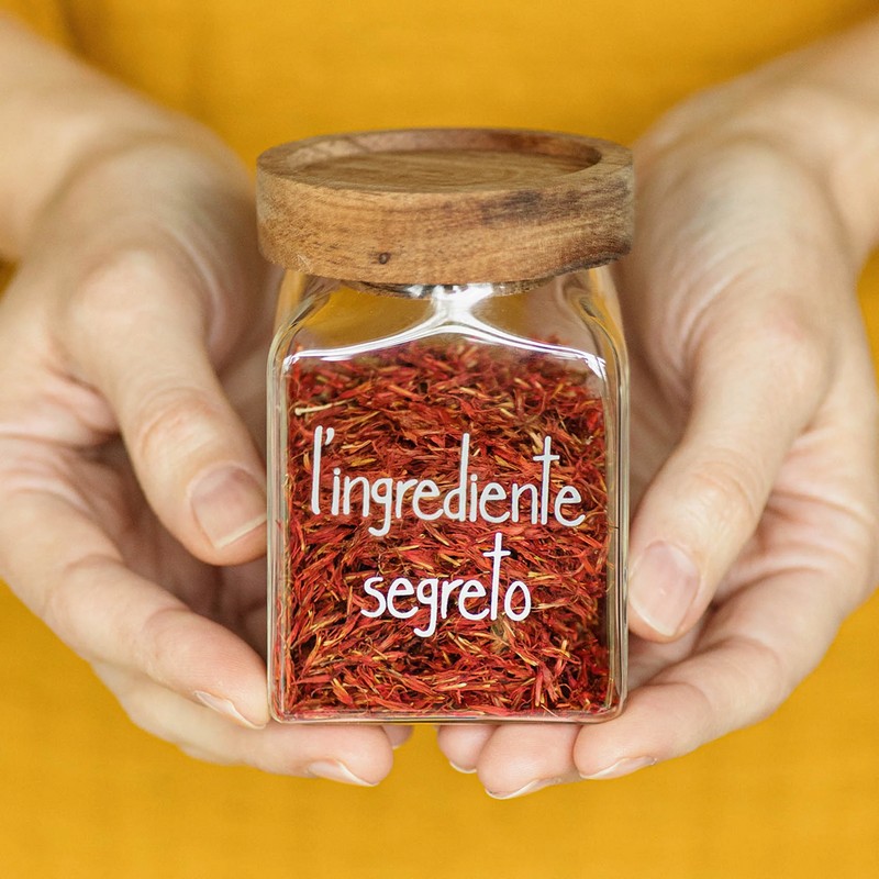 Barattolo da cucina in vetro borosilicato con tappo ermetico in legno decorato con scritta “L'ingrediente segreto”