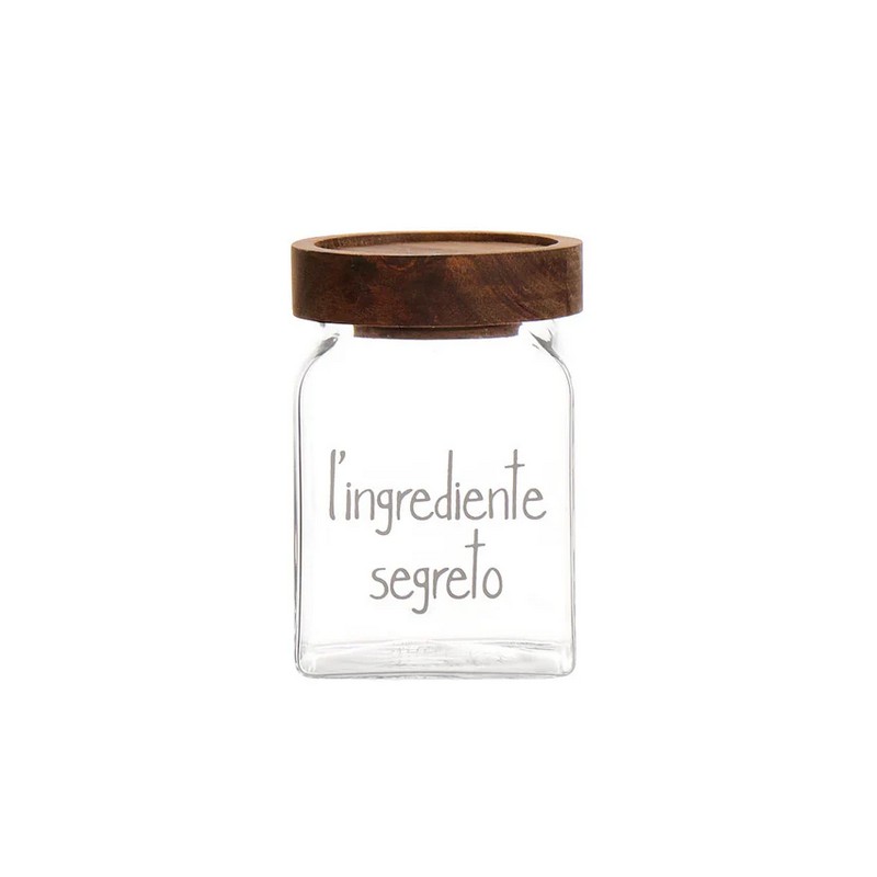 Barattolo da cucina in vetro borosilicato con tappo ermetico in legno decorato con scritta “L'ingrediente segreto”