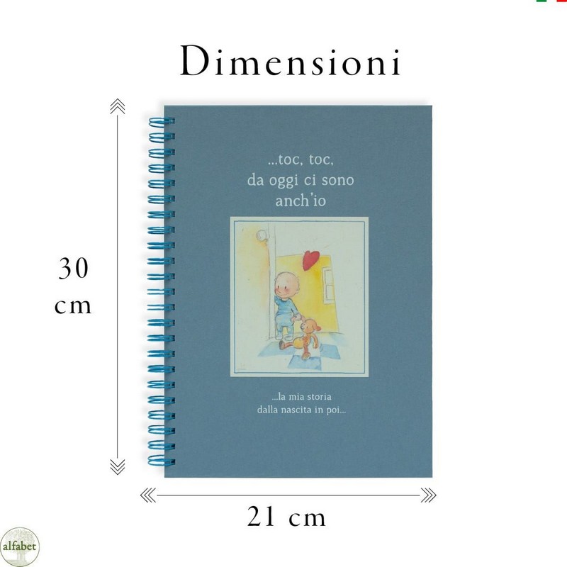 Libro della nascita azzurro declinato al maschile per bambini, da compilare e da rileggere insieme una volta diventati grandi!