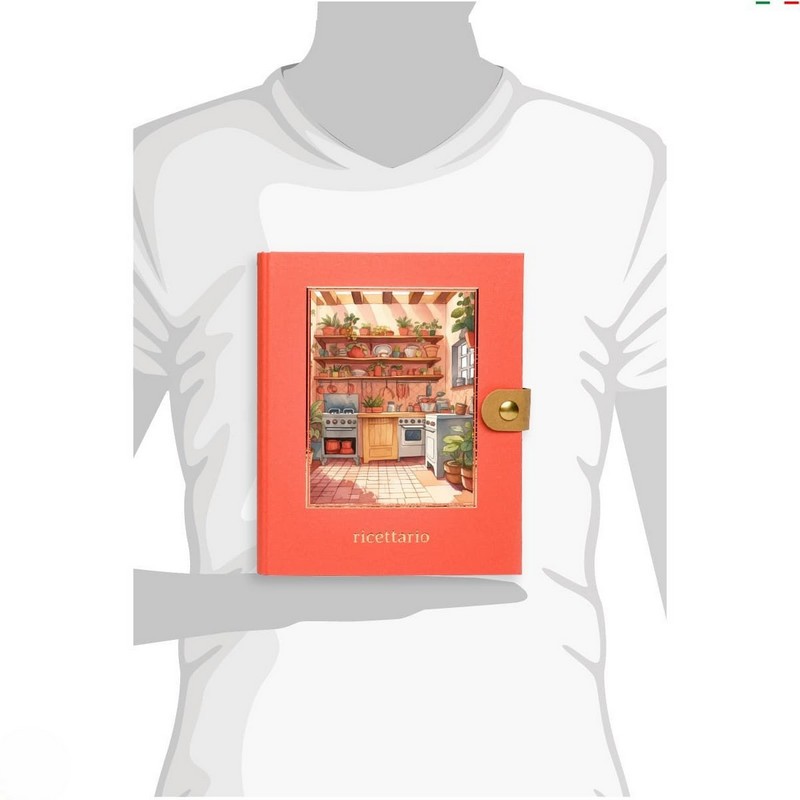 Ricettario arancione ad anelli illustrato diviso in sezioni per tipologie di piatti, con decori a tema cucina