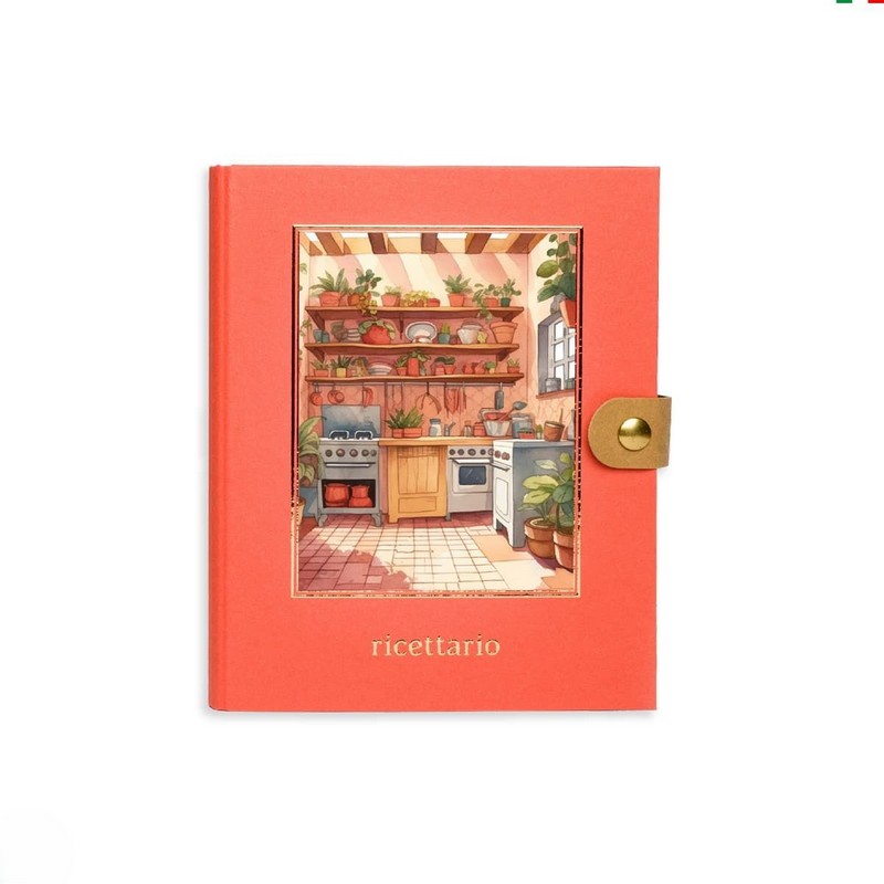 Ricettario arancione ad anelli illustrato diviso in sezioni per tipologie di piatti, con decori a tema cucina