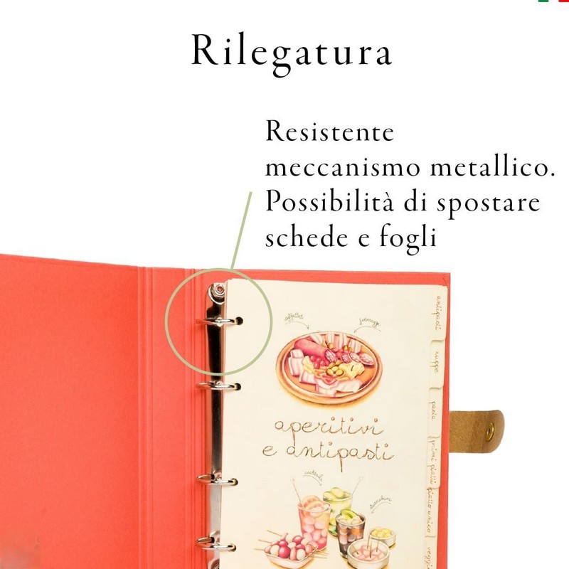 Ricettario arancione ad anelli illustrato diviso in sezioni per tipologie di piatti, con decori a tema cucina