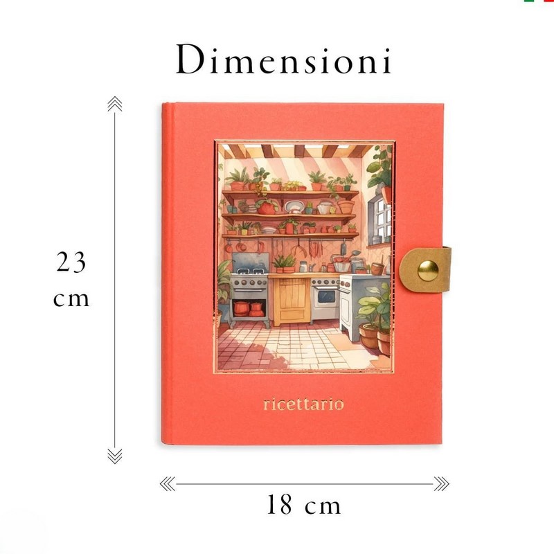 Ricettario arancione ad anelli illustrato diviso in sezioni per tipologie di piatti, con decori a tema cucina