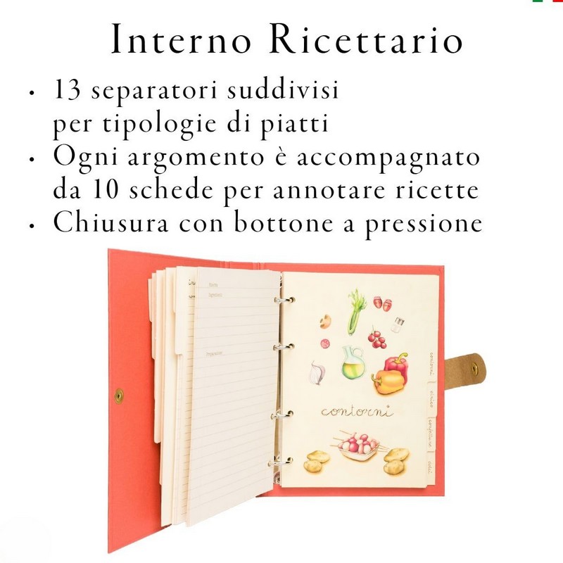 Ricettario arancione ad anelli illustrato diviso in sezioni per tipologie di piatti, con decori a tema cucina