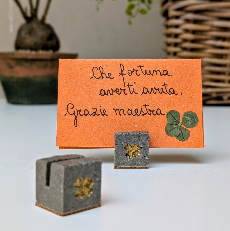 Cubo in sasso con quadrifoglio con biglietto con dedica per maestre: “Cara maestra, che fortuna averti avuta”, perfetta come regalo per le maestre a fine anno