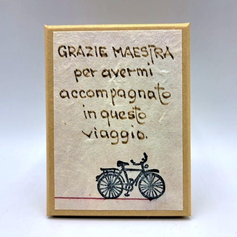 Scatola regalo con sasso decorato a tema viaggio con dedica per maestre: “Grazie maestra per avermi accompagnato in questo viaggio”, perfetta come regalo per le maestre a fine anno