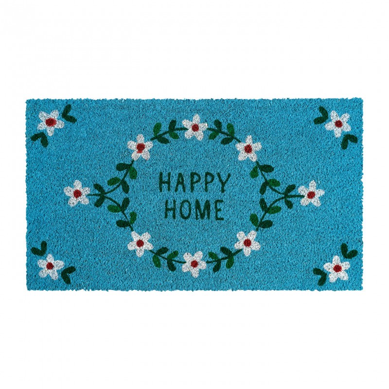 Zerbino in cocco azzurro decorato con fiori e scritta “Happy home” con fondo antiscivolo