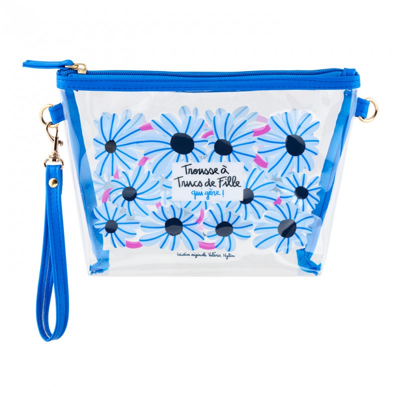 Trousse trasparente e impermeabile con chiusura zip, decorata con fiori azzurri